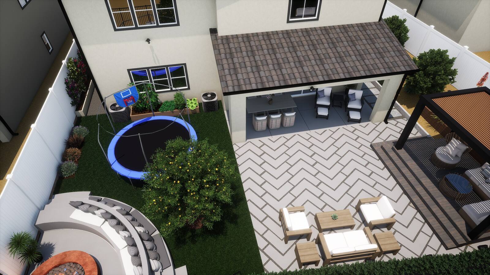 Aerial backyard landscape layout rendering