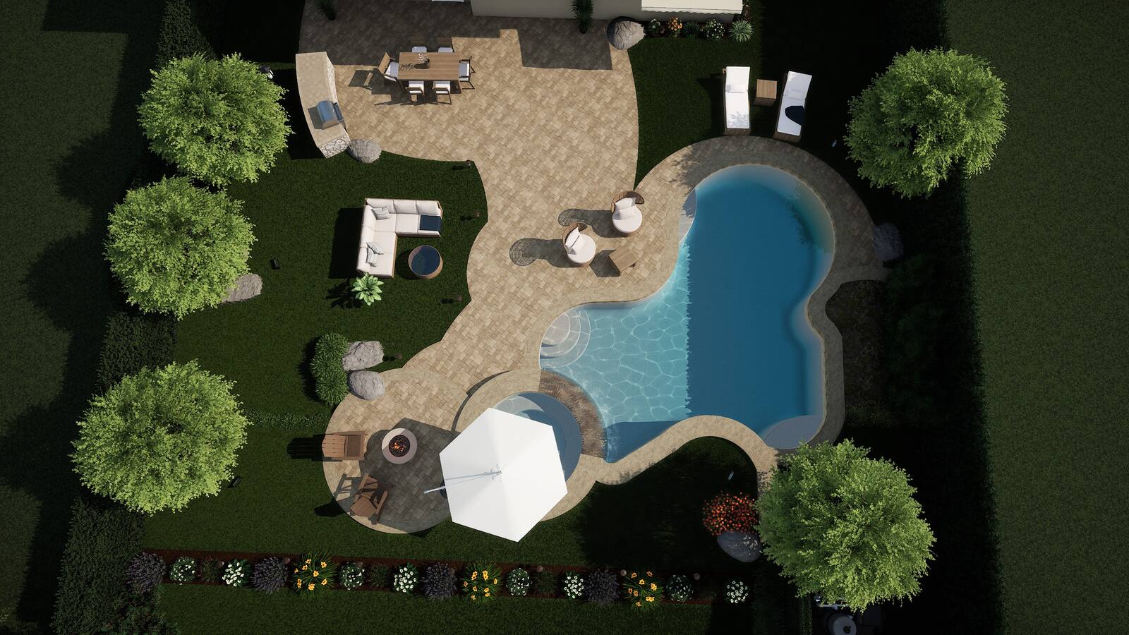 Aerial 3D site plan view of backyard landscape design