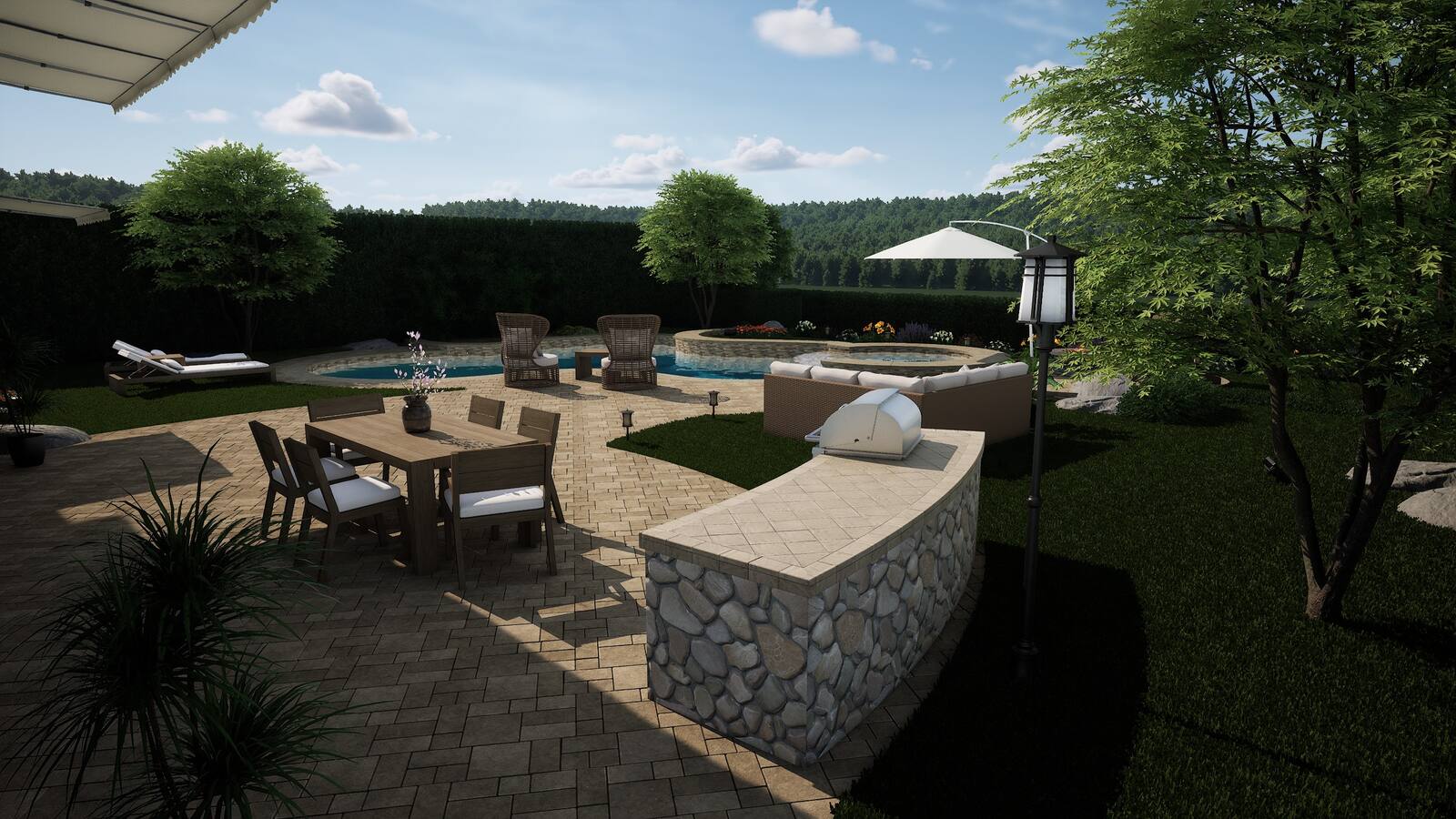 Al fresco dining and built-in grill outdoor living rendering