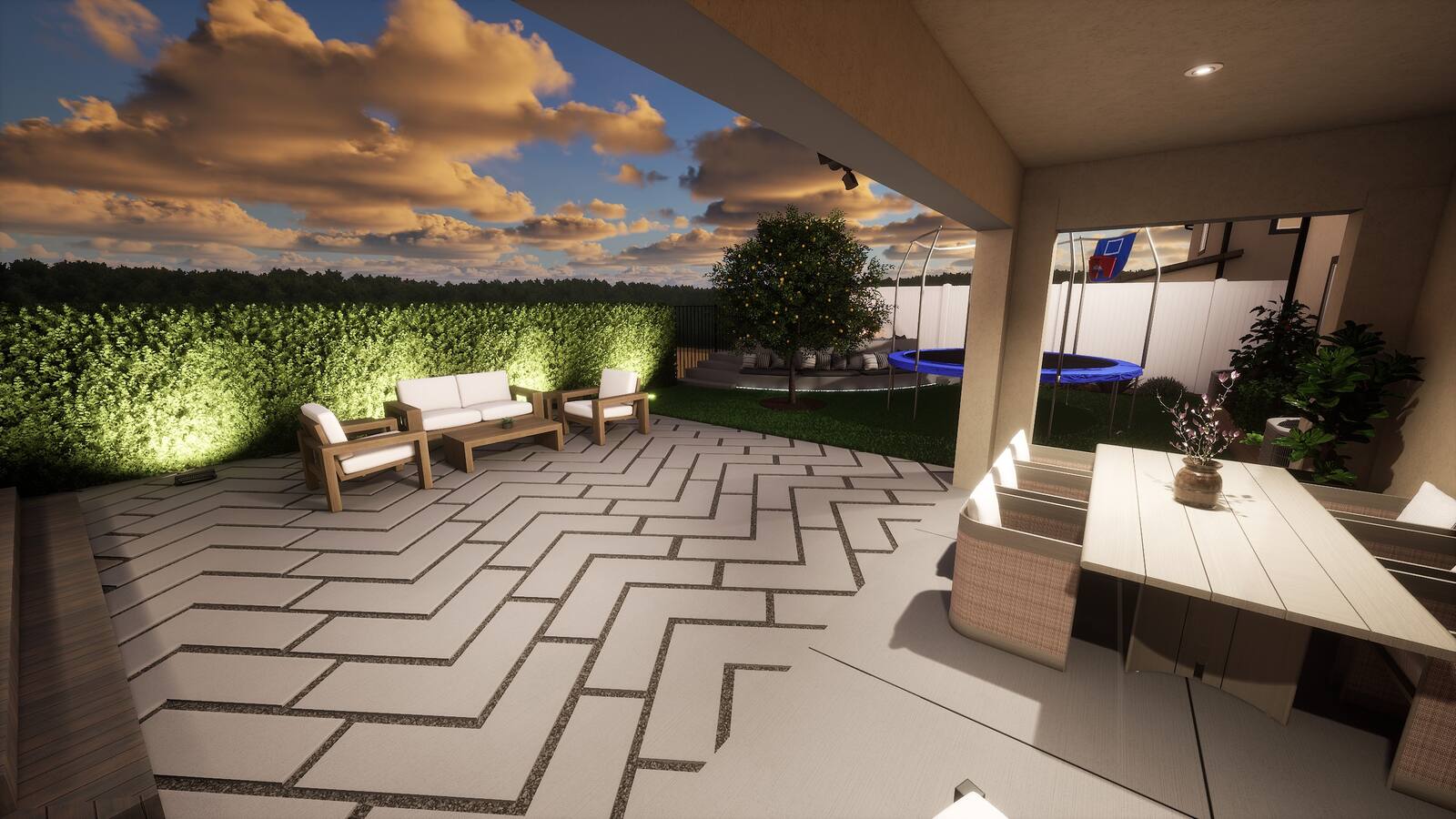 Covered patio and backyard retreat landscape rendering