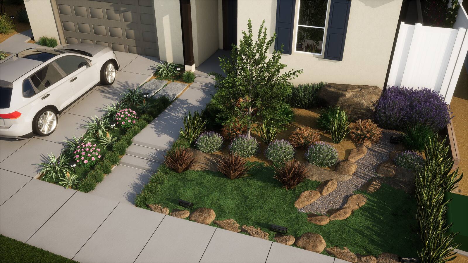 Drought-tolerant front garden landscape design rendering