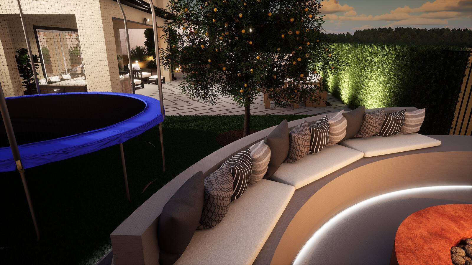 Curved fire-pit lounge outdoor living design rendering