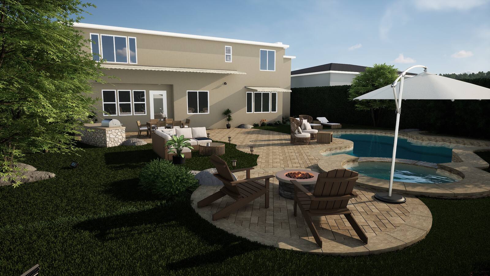 3D rendering of resort-style backyard pool and paver patio, Los Angeles