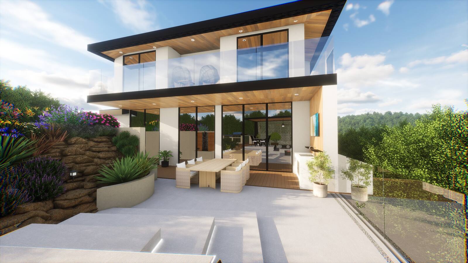 3D rendering of modern hillside home exterior and landscape, Los Angeles