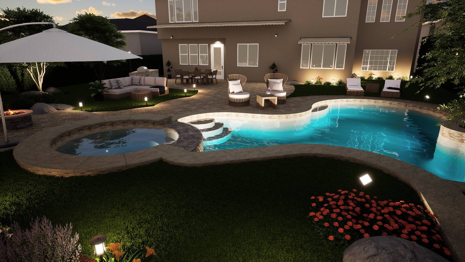 Backyard pool landscape rendering illuminated at twilight