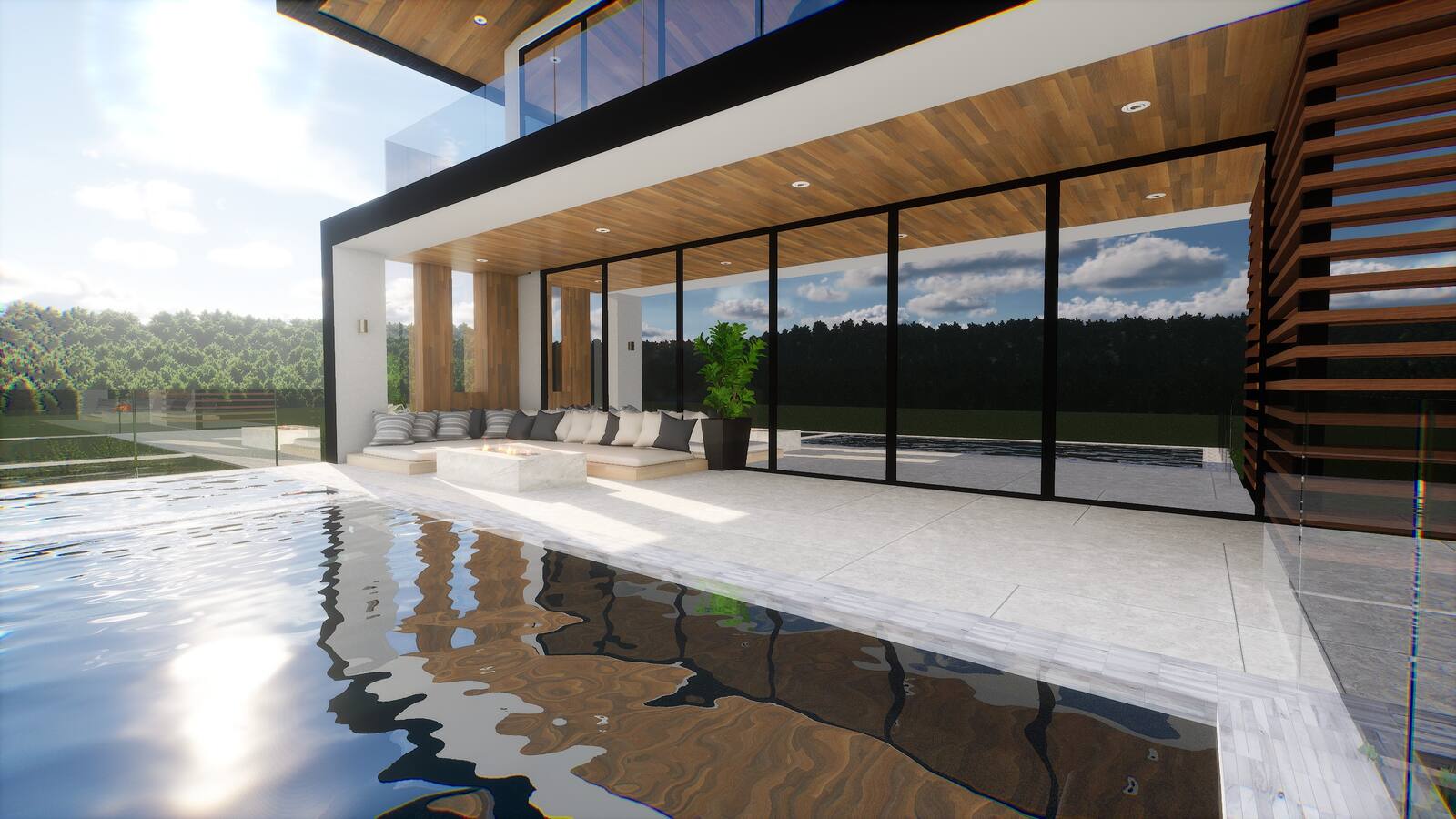 3D rendering of infinity pool and covered lounge landscape design