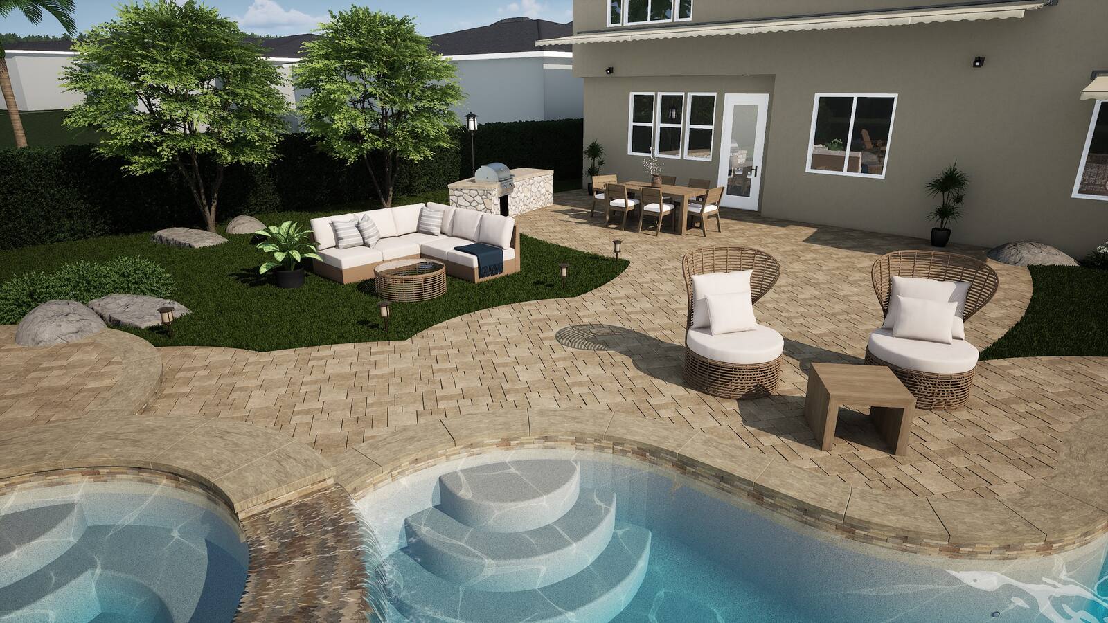 Outdoor lounge and stone kitchen landscape design rendering