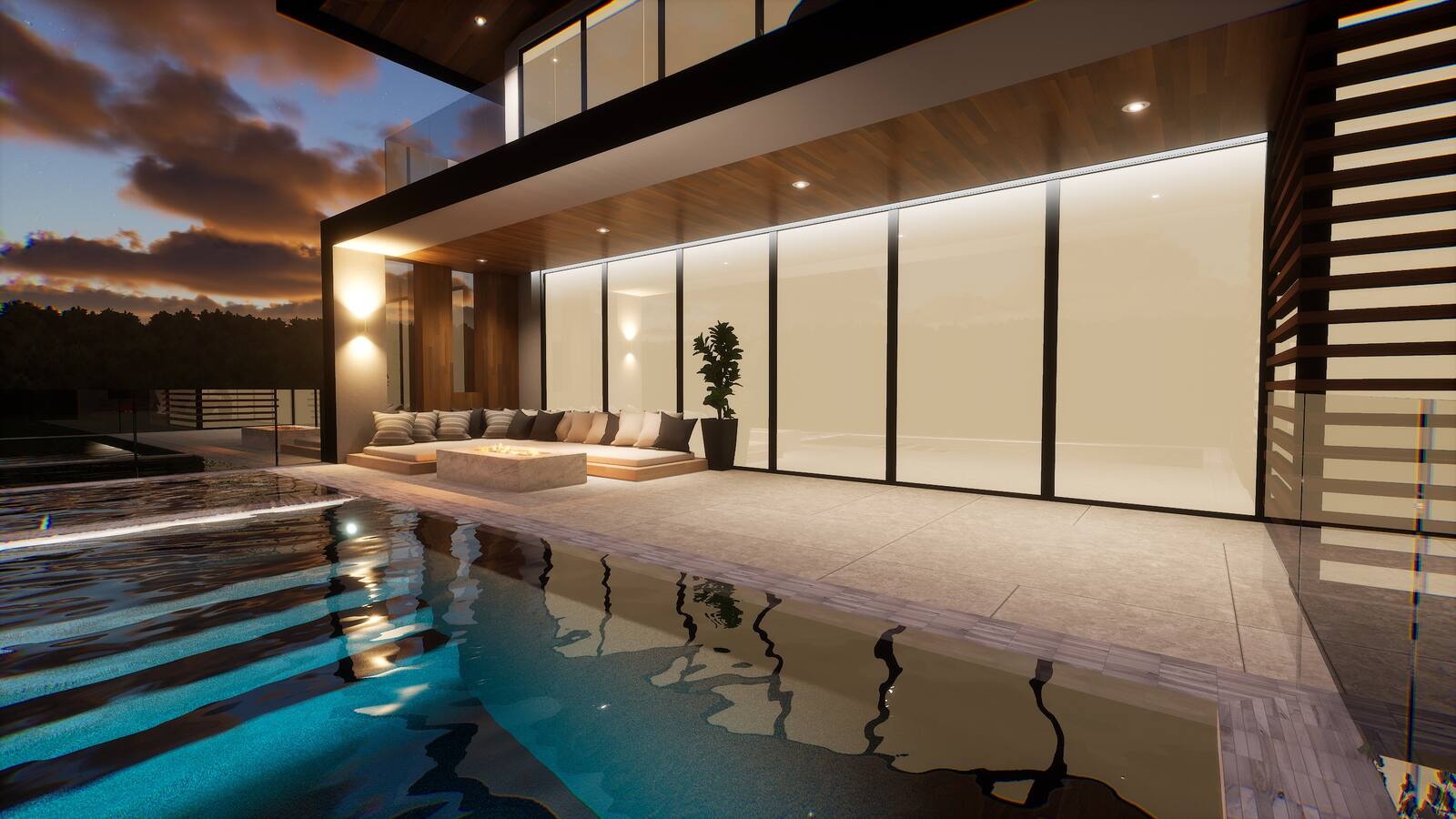 Poolside terrace landscape rendering at dusk