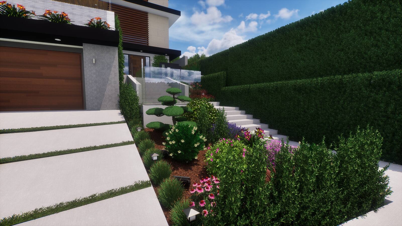 Sculpted garden and entry path landscape design rendering