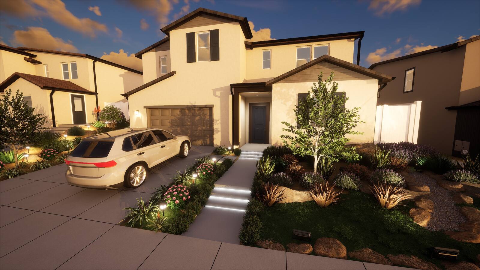 Twilight front yard landscape design with lit entry steps
