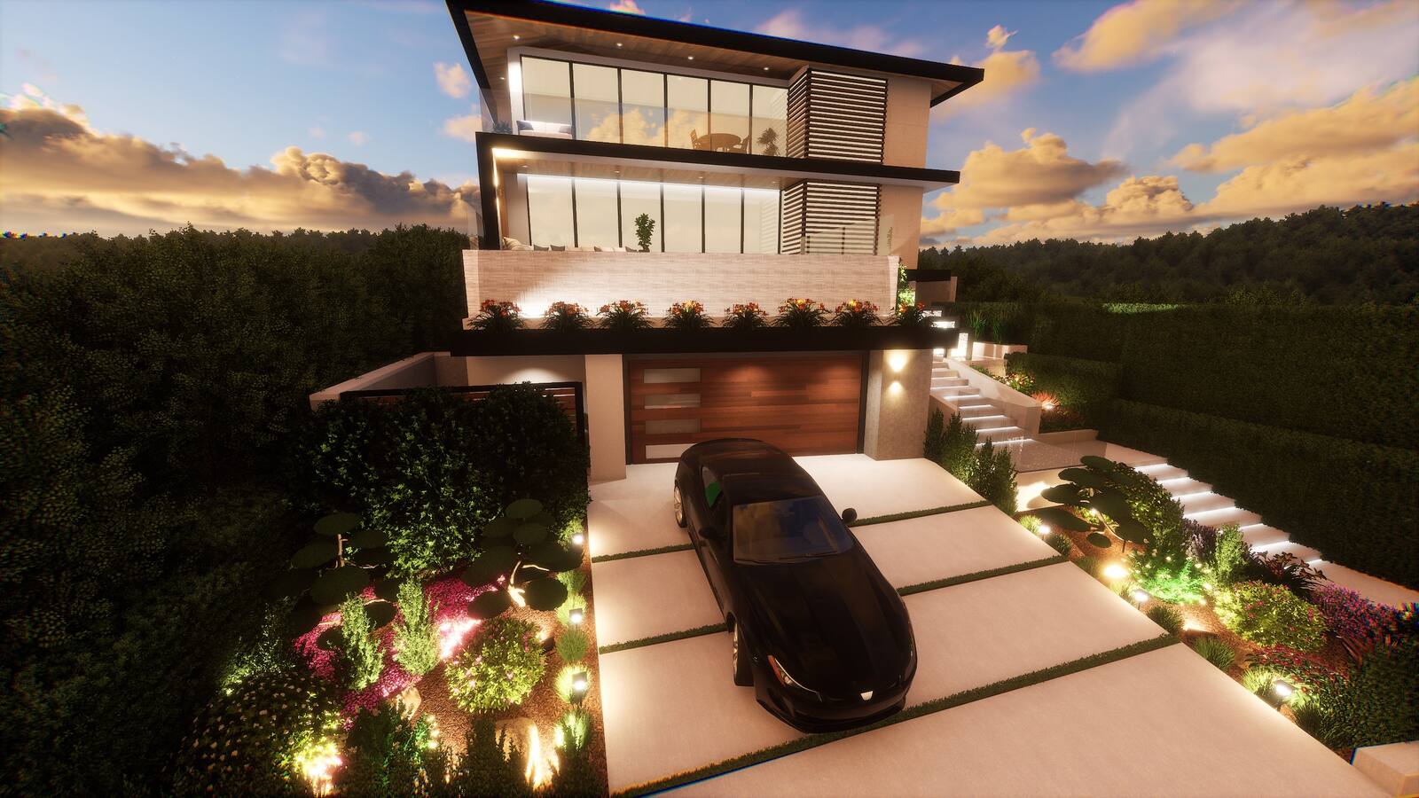 Twilight 3D exterior rendering with landscape lighting