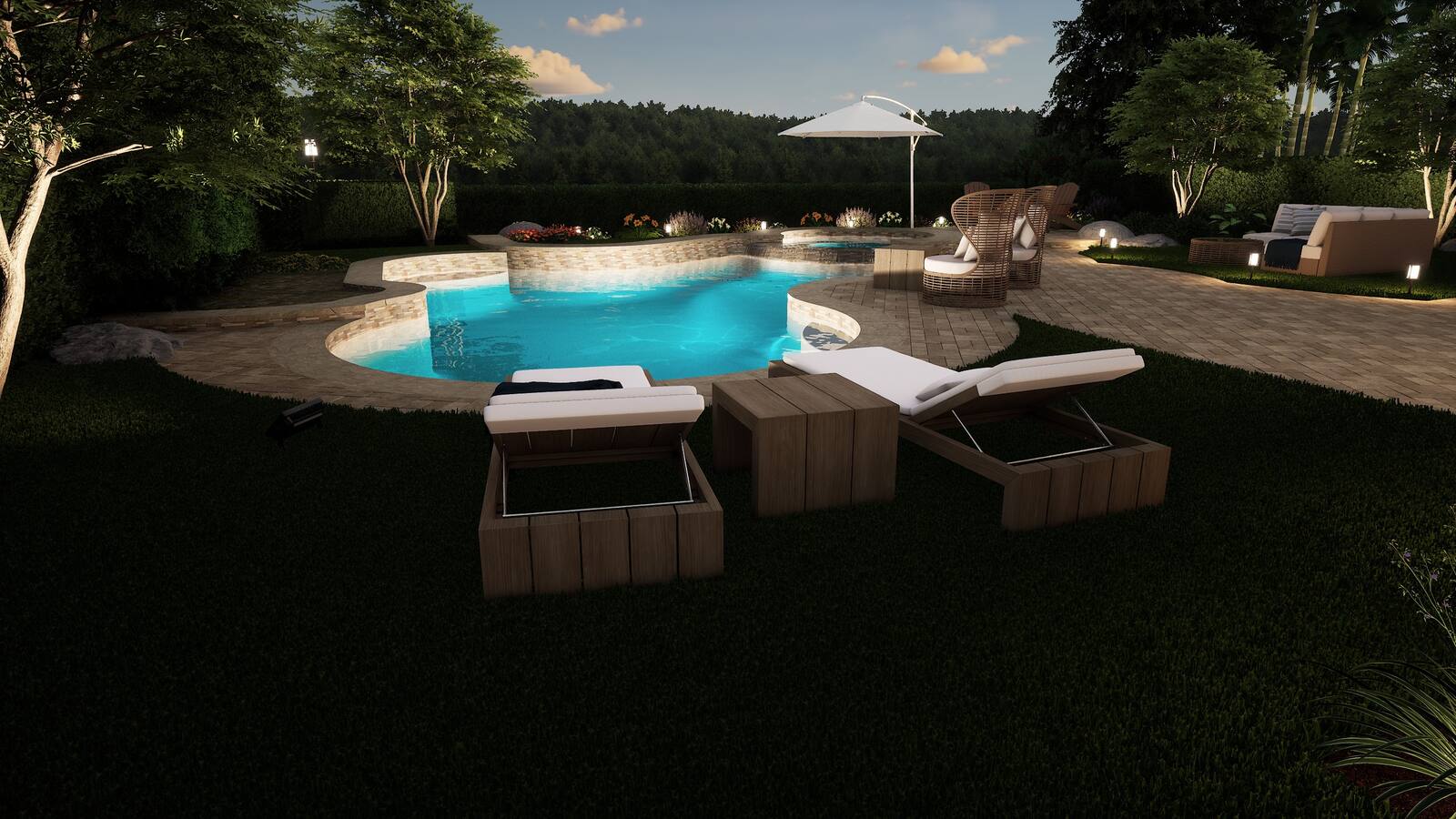 3D landscape pool rendering at dusk